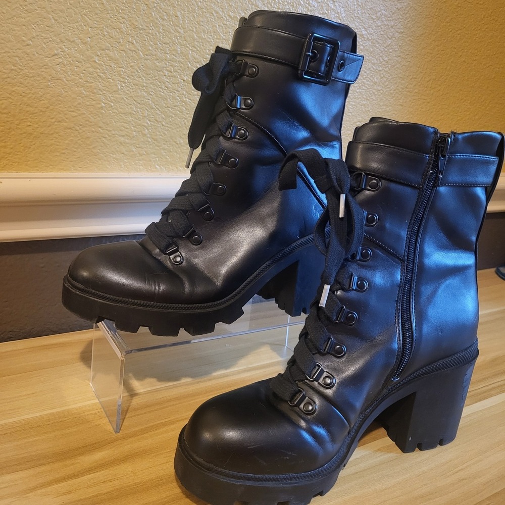 Mix No.6 Boots Valera Lace Up  Combat Block Heels Black Faux Leather Women's 8M - Picture 5 of 16